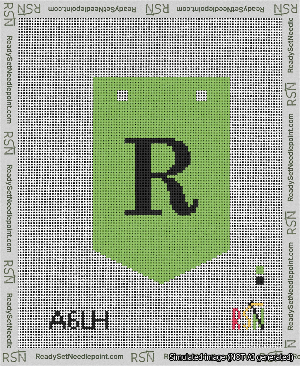 A taped needlepoint canvas with the design: Banner 13 mesh count Pointed R Black on Light Green.