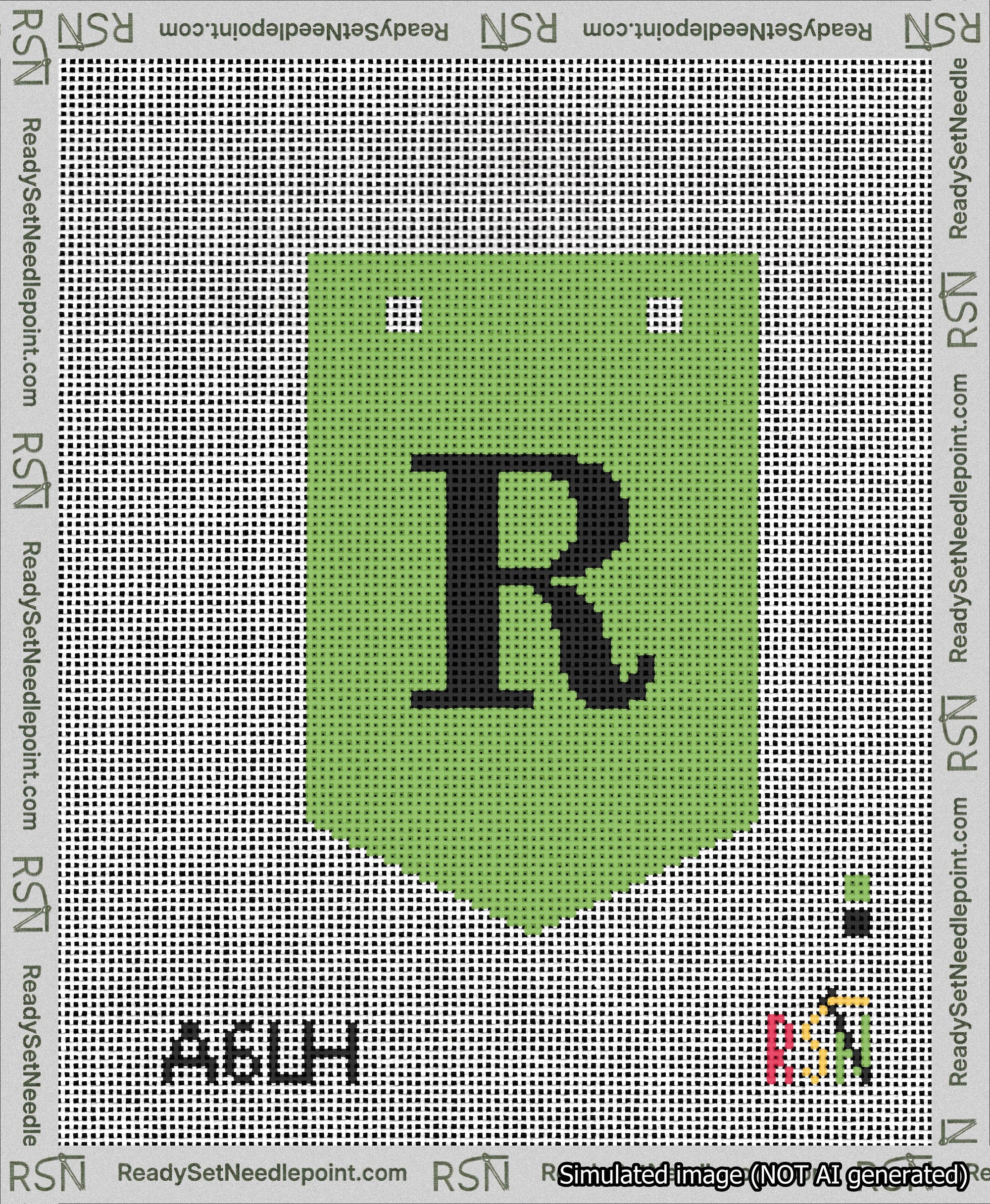 A taped needlepoint canvas with the design: Banner 13 mesh count Pointed R Black on Light Green.