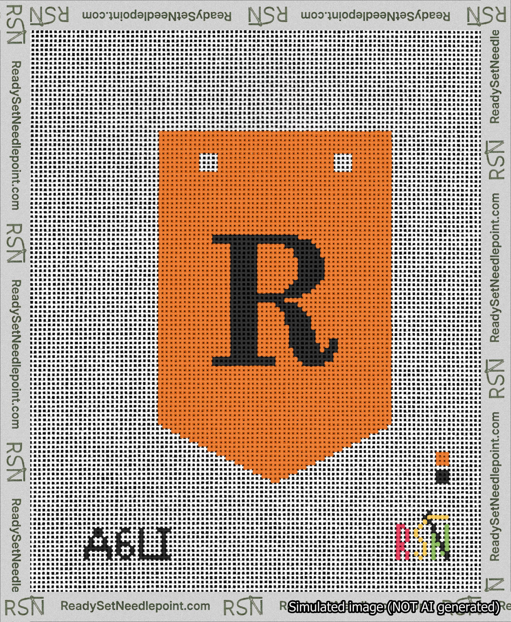 A taped needlepoint canvas with the design: Banner 13 mesh count Pointed R Black on Orange.