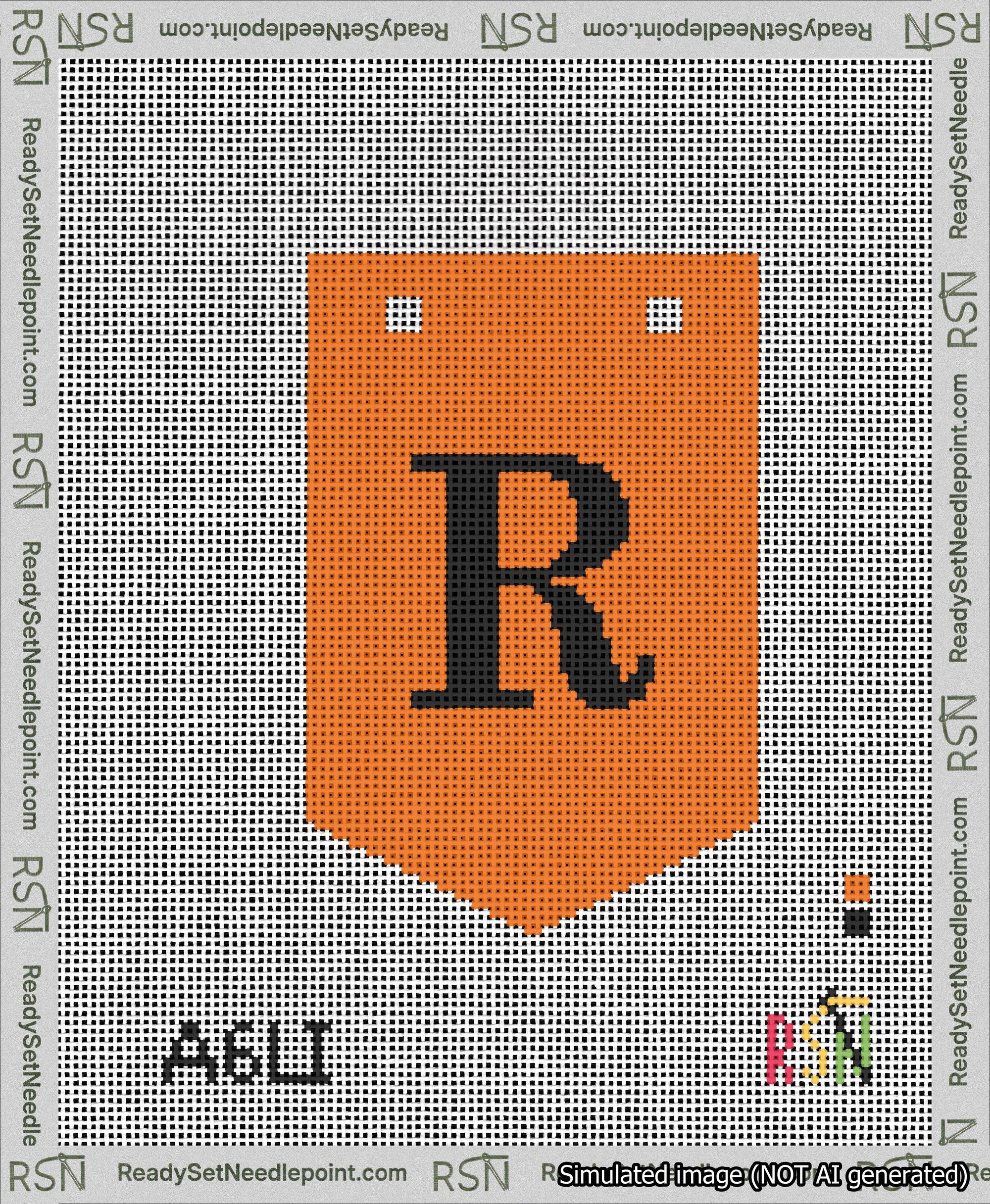 A taped needlepoint canvas with the design: Banner 13 mesh count Pointed R Black on Orange.