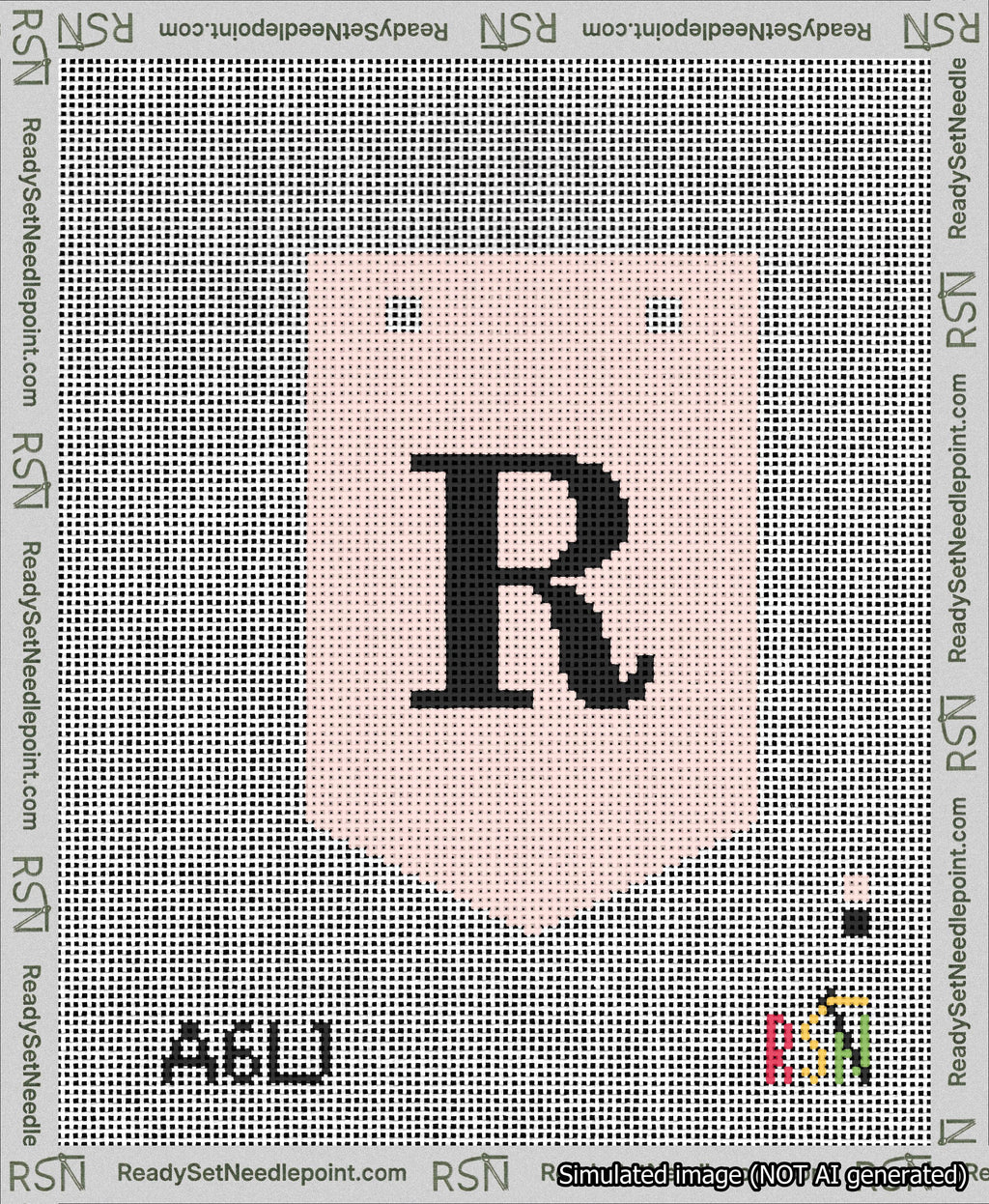 A taped needlepoint canvas with the design: Banner 13 mesh count Pointed R Black on Pink.