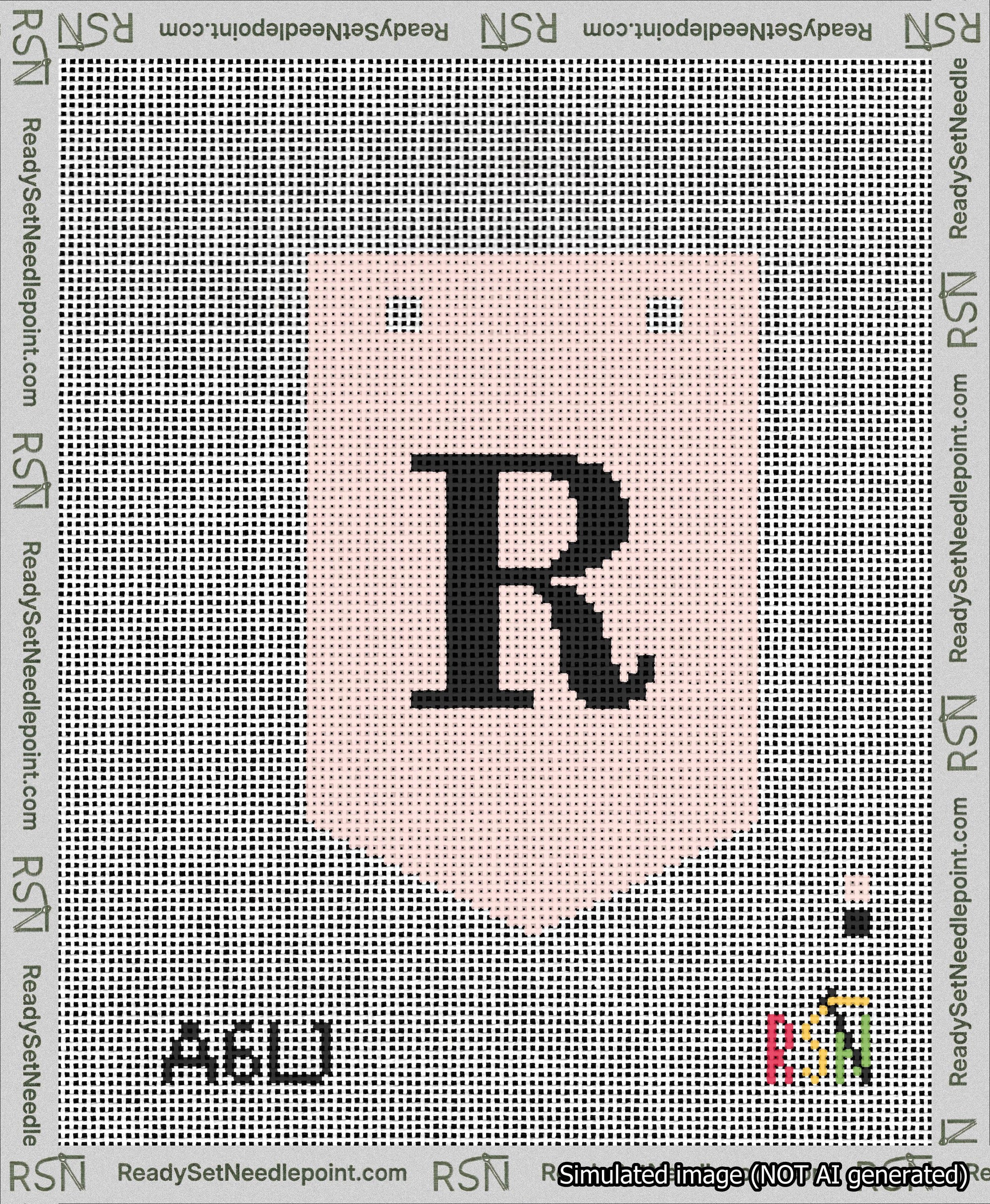 A taped needlepoint canvas with the design: Banner 13 mesh count Pointed R Black on Pink.