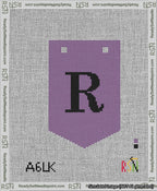 A taped needlepoint canvas with the design: Banner 13 mesh count Pointed R Black on Purple.