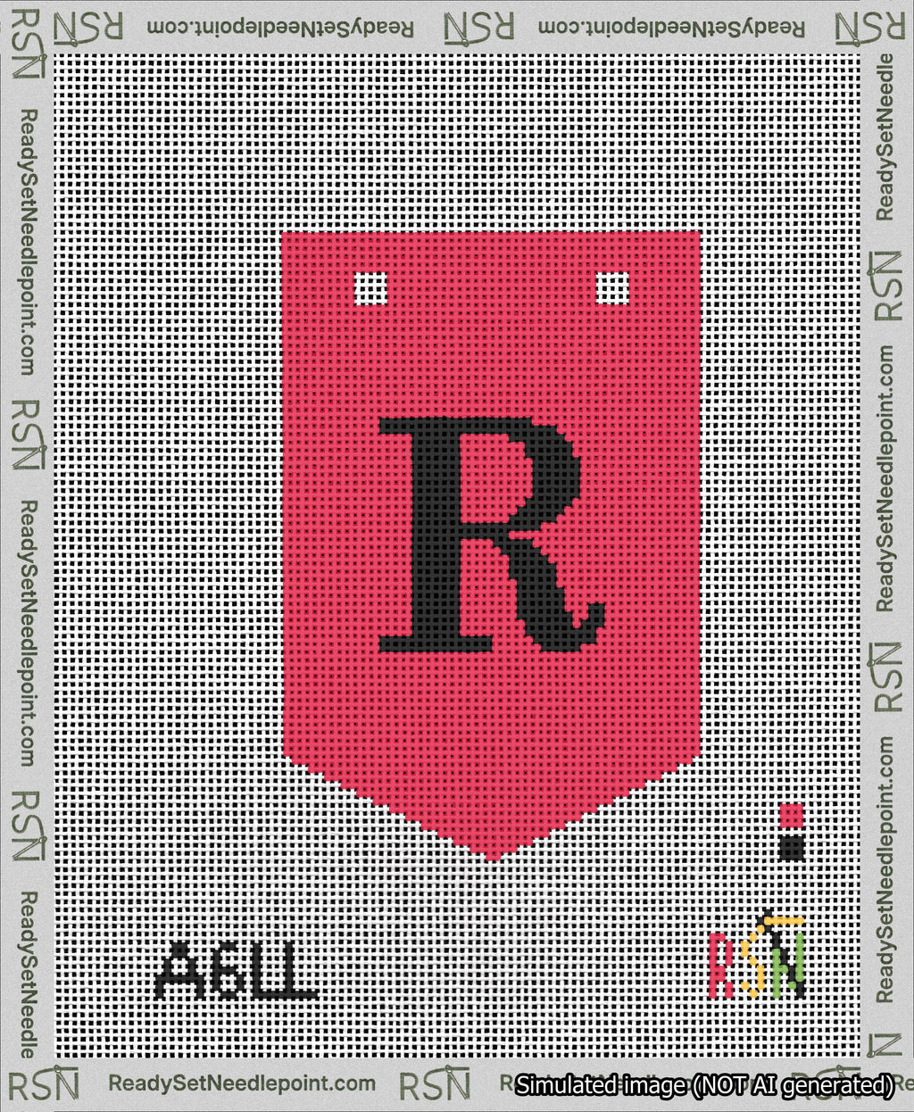 A taped needlepoint canvas with the design: Banner 13 mesh count Pointed R Black on Red.