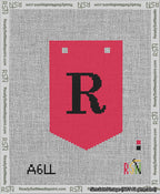 A taped needlepoint canvas with the design: Banner 13 mesh count Pointed R Black on Red.