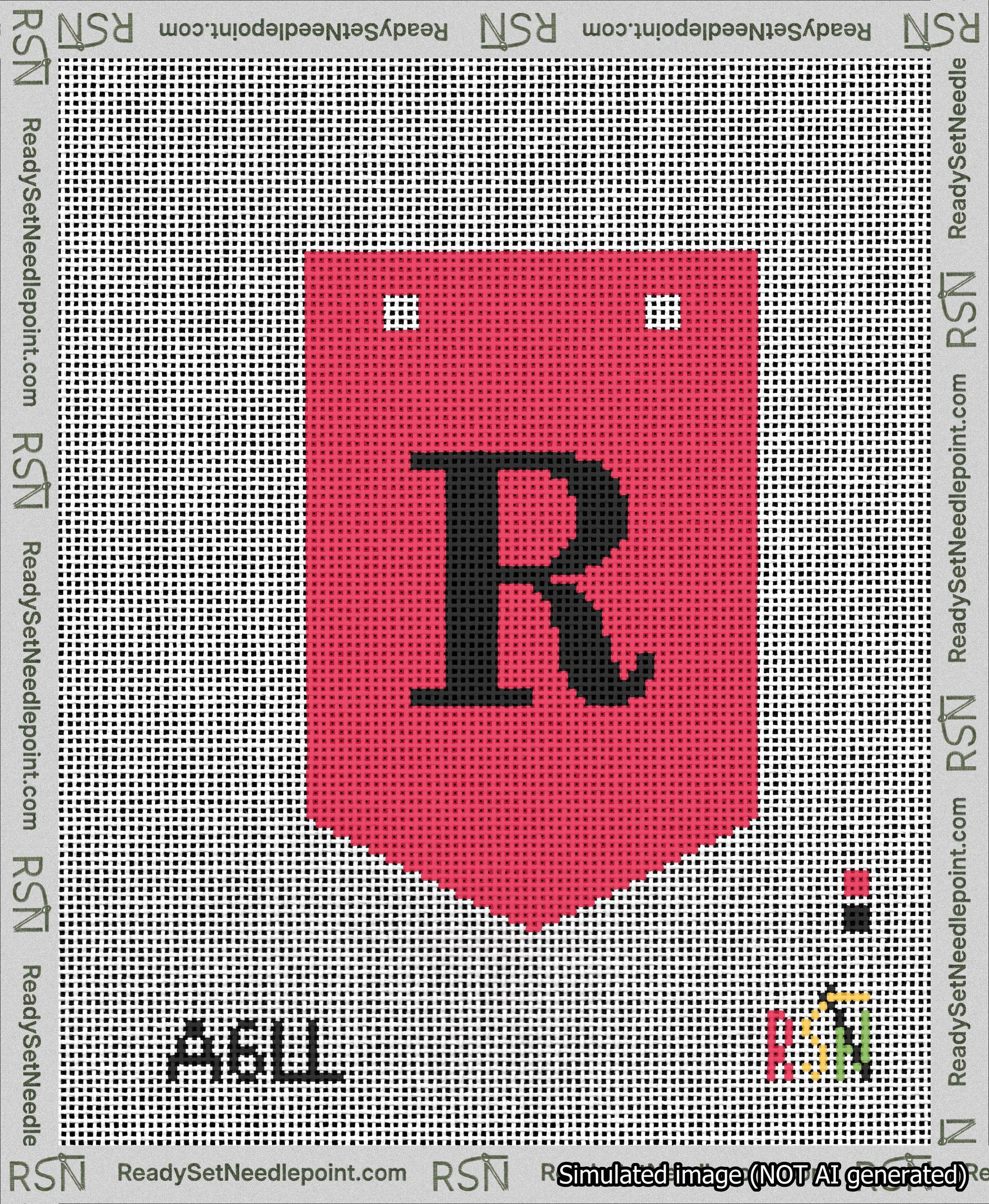 A taped needlepoint canvas with the design: Banner 13 mesh count Pointed R Black on Red.