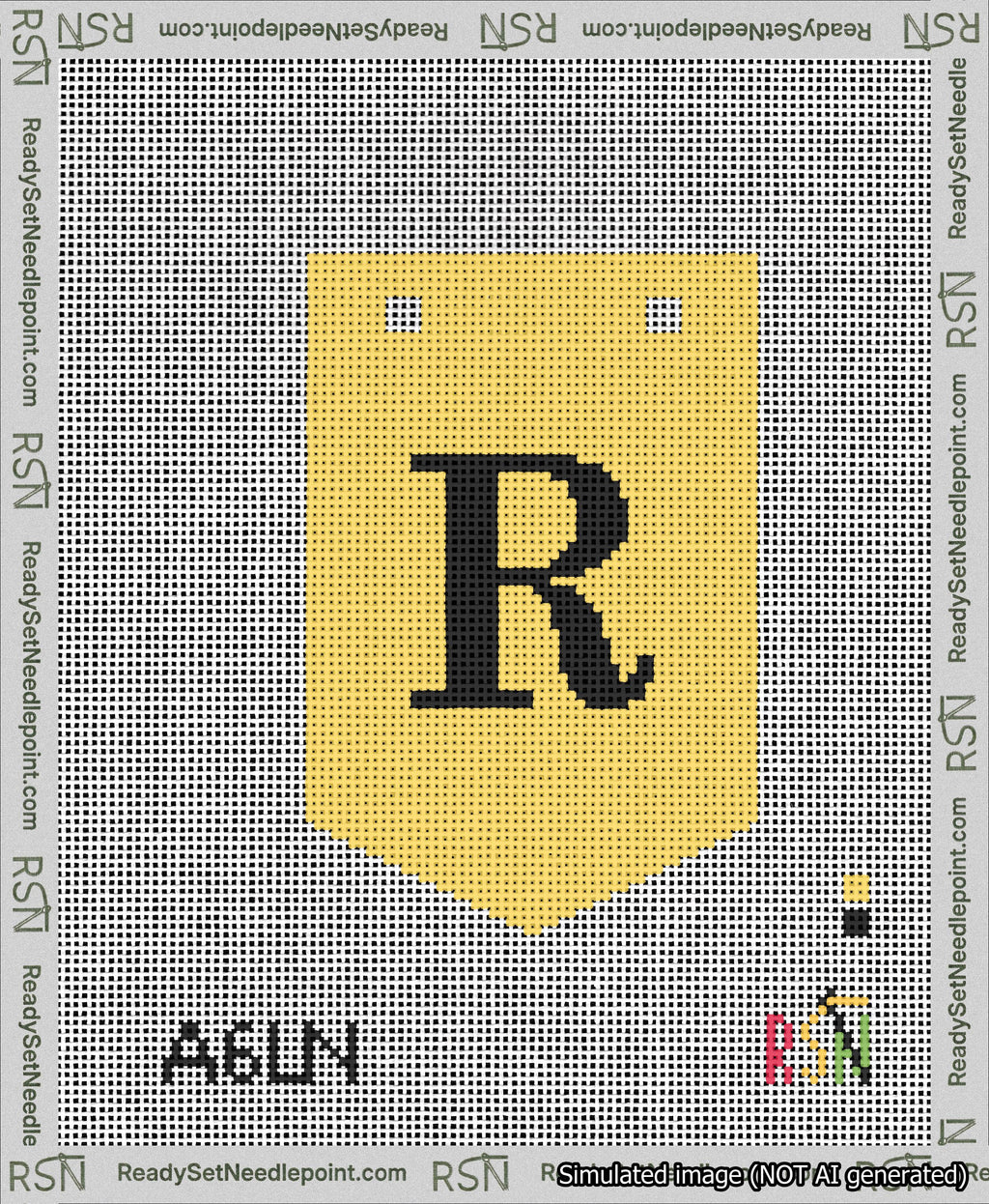 A taped needlepoint canvas with the design: Banner 13 mesh count Pointed R Black on Yellow.