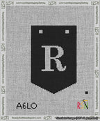 A taped needlepoint canvas with the design: Banner 13 mesh count Pointed R White on Black.