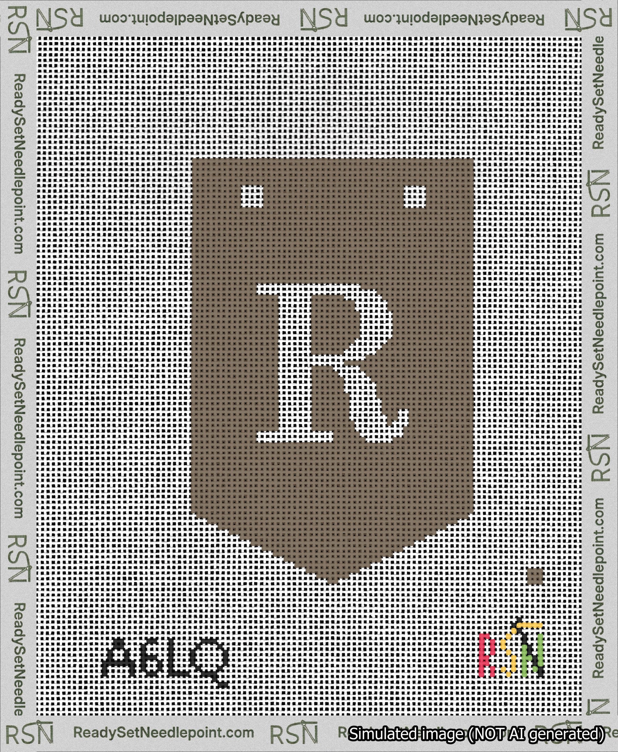A taped needlepoint canvas with the design: Banner 13 mesh count Pointed R White on Brown.