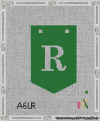 A taped needlepoint canvas with the design: Banner 13 mesh count Pointed R White on Green.