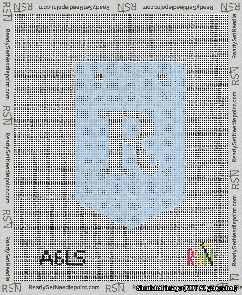A taped needlepoint canvas with the design: Banner 13 mesh count Pointed R White on Light Blue.