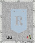 A taped needlepoint canvas with the design: Banner 13 mesh count Pointed R White on Light Blue.