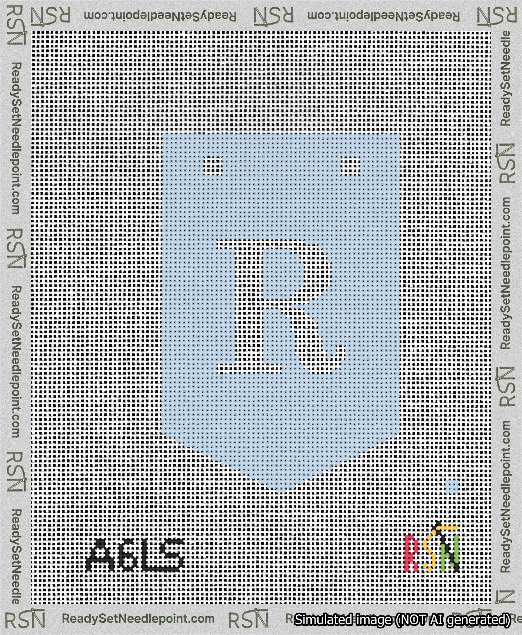 A taped needlepoint canvas with the design: Banner 13 mesh count Pointed R White on Light Blue.