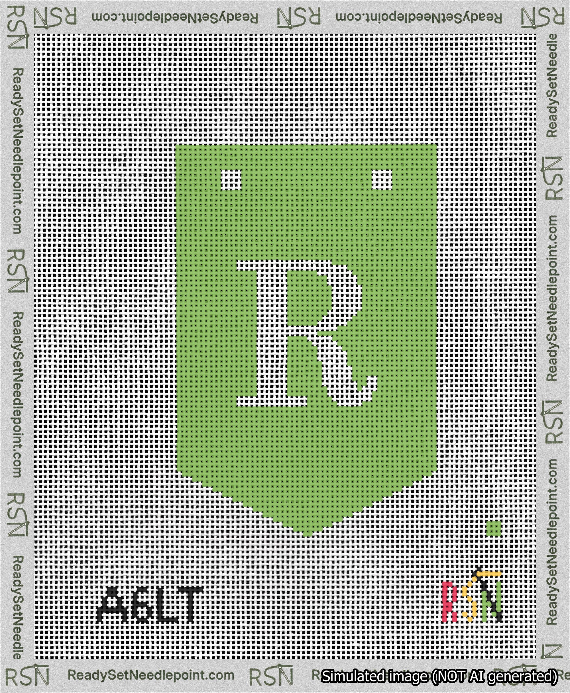 A taped needlepoint canvas with the design: Banner 13 mesh count Pointed R White on Light Green.