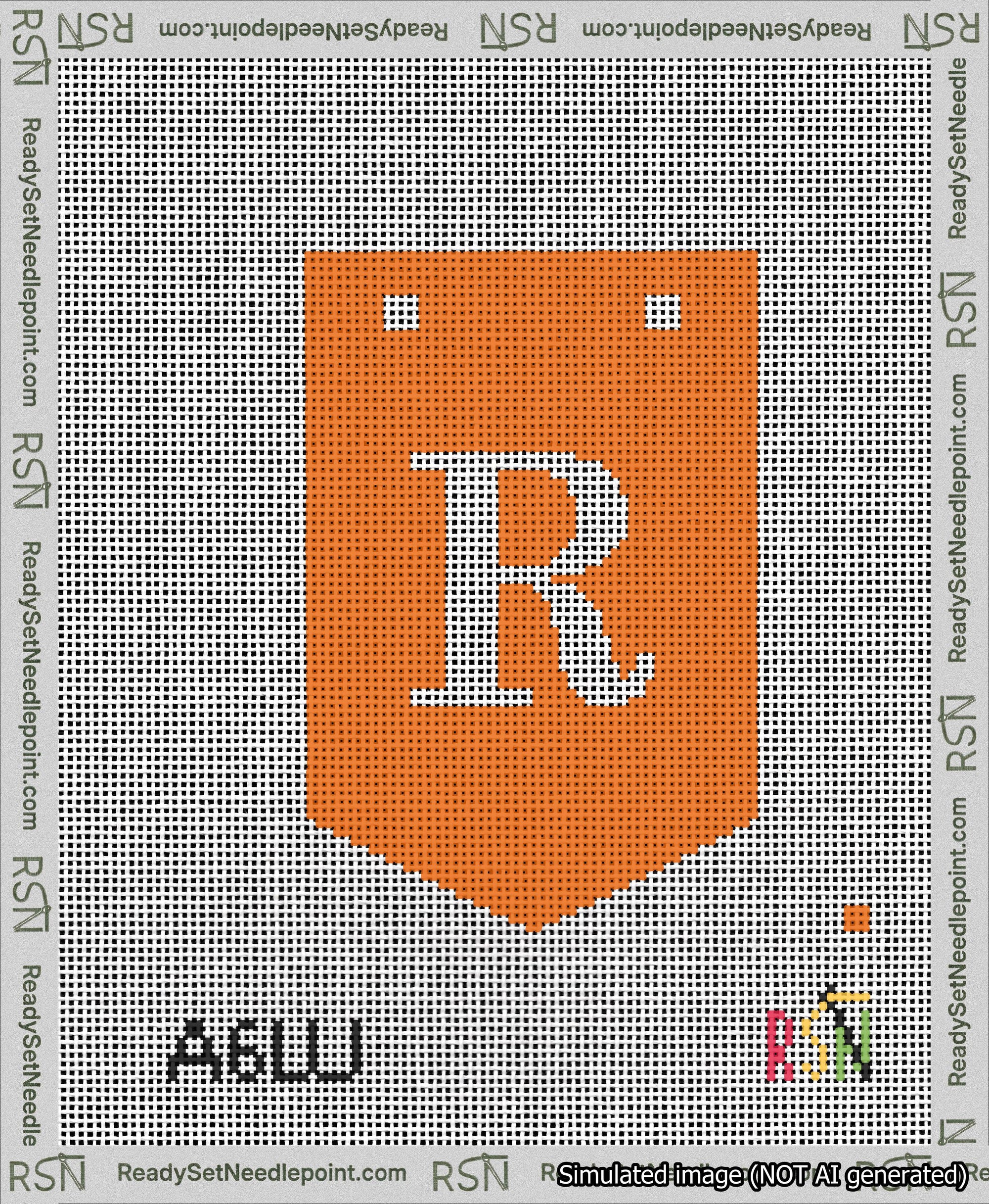 A taped needlepoint canvas with the design: Banner 13 mesh count Pointed R White on Orange.