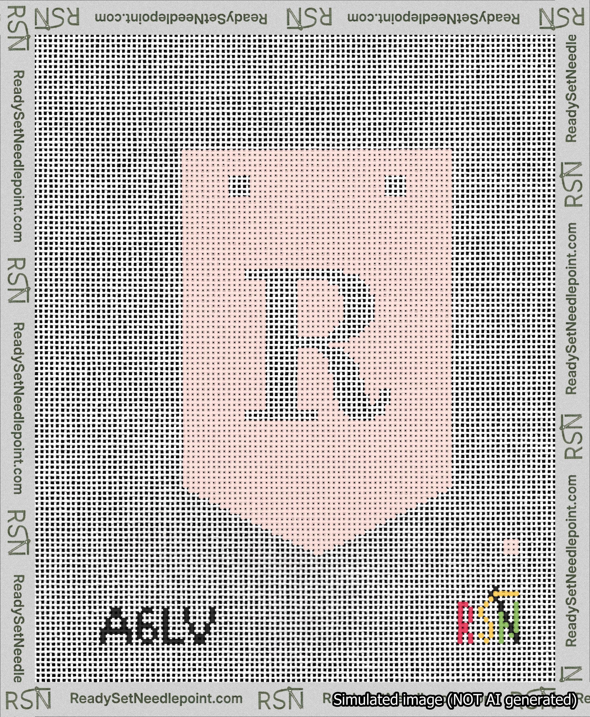 A taped needlepoint canvas with the design: Banner 13 mesh count Pointed R White on Pink.