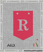 A taped needlepoint canvas with the design: Banner 13 mesh count Pointed R White on Red.