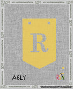 A taped needlepoint canvas with the design: Banner 13 mesh count Pointed R White on Yellow.