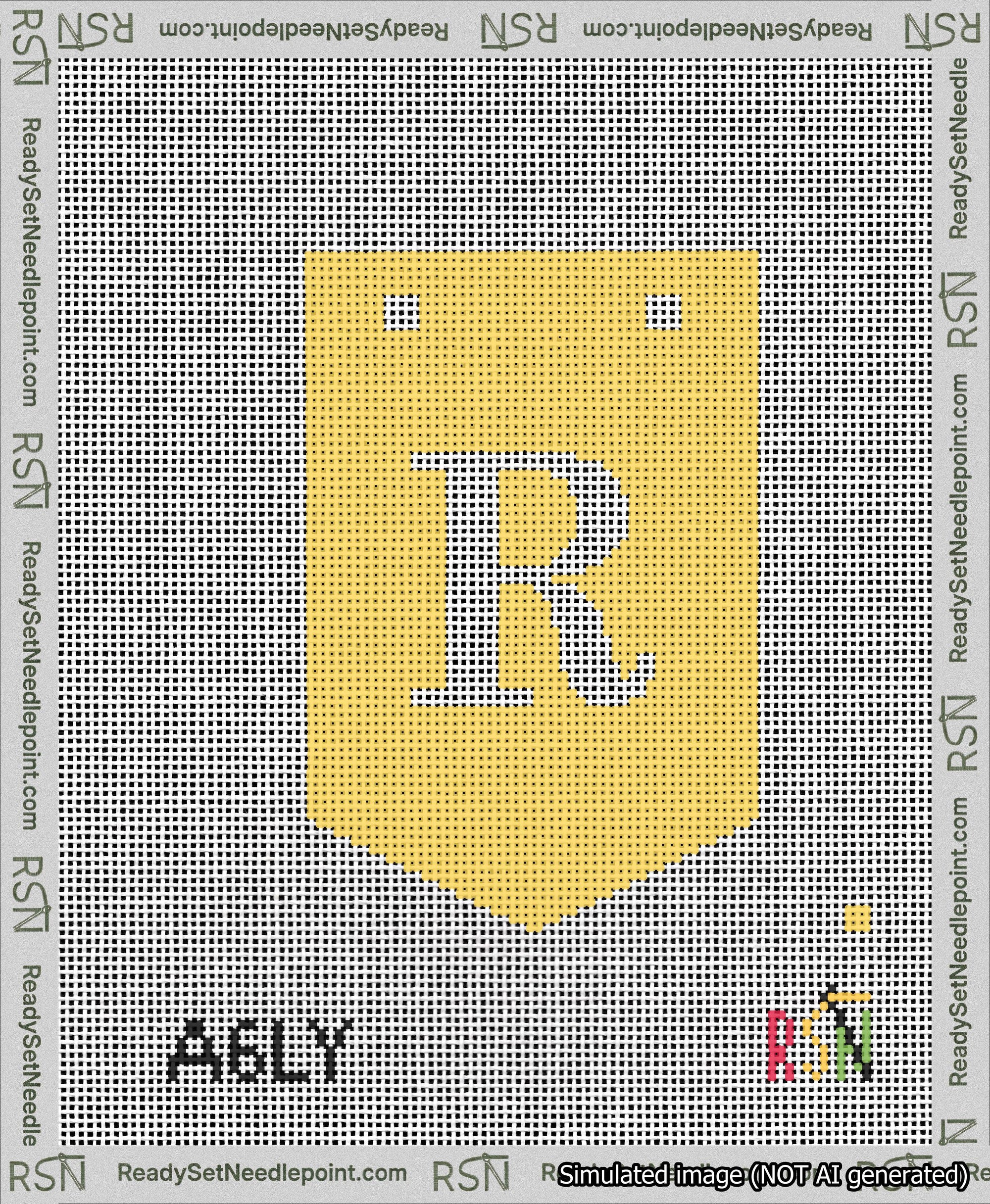 A taped needlepoint canvas with the design: Banner 13 mesh count Pointed R White on Yellow.