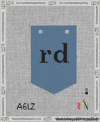 A taped needlepoint canvas with the design: Banner 13 mesh count Pointed rd Black on Blue.