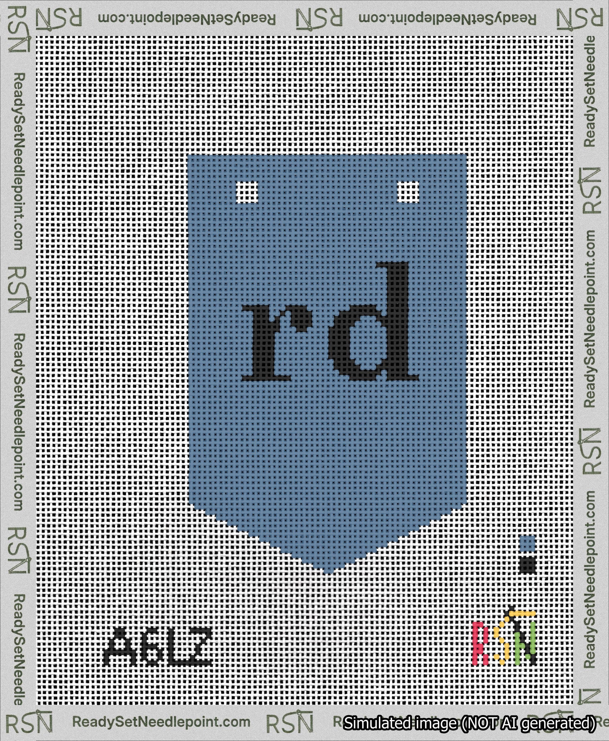 A taped needlepoint canvas with the design: Banner 13 mesh count Pointed rd Black on Blue.