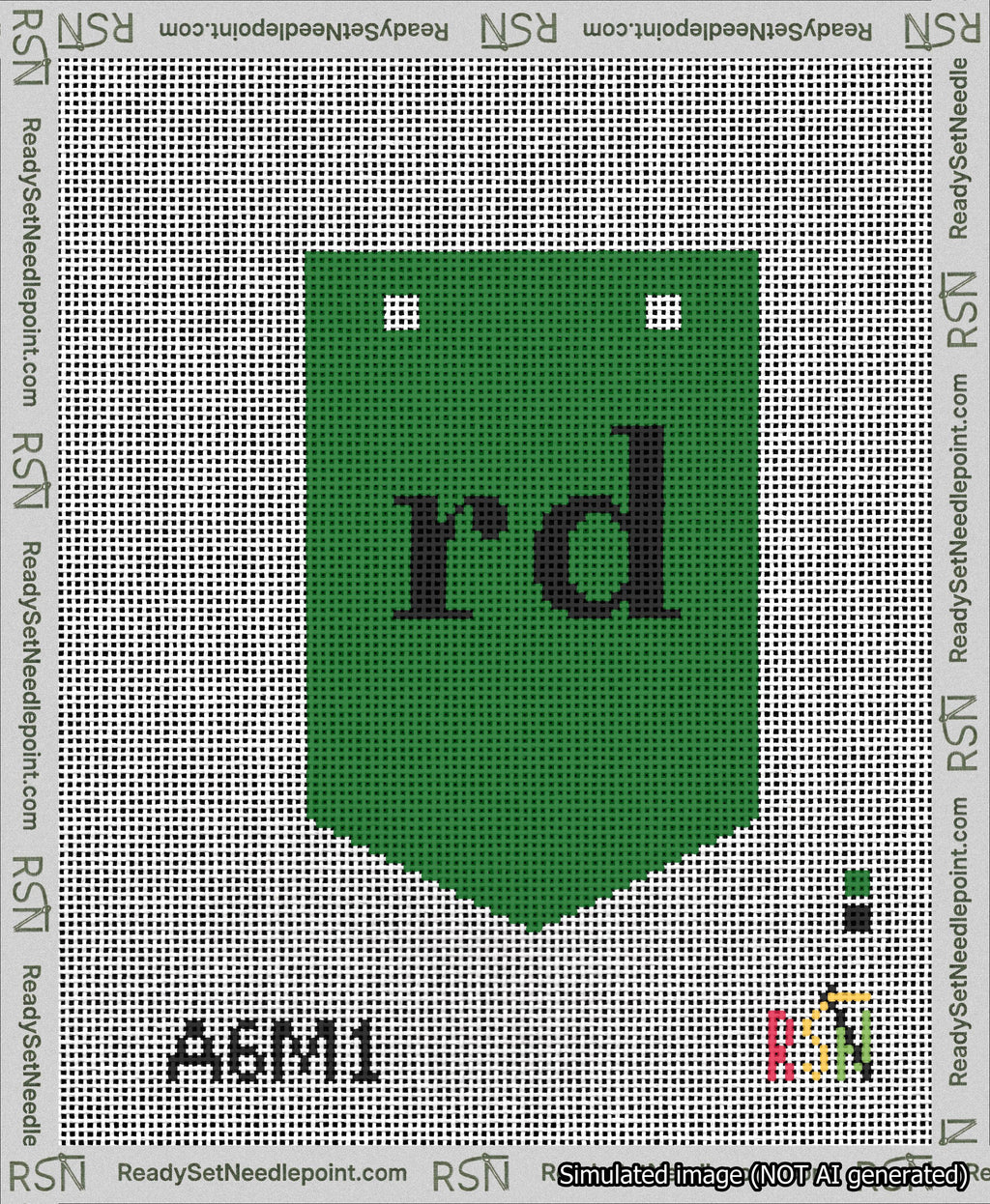 A taped needlepoint canvas with the design: Banner 13 mesh count Pointed rd Black on Green.
