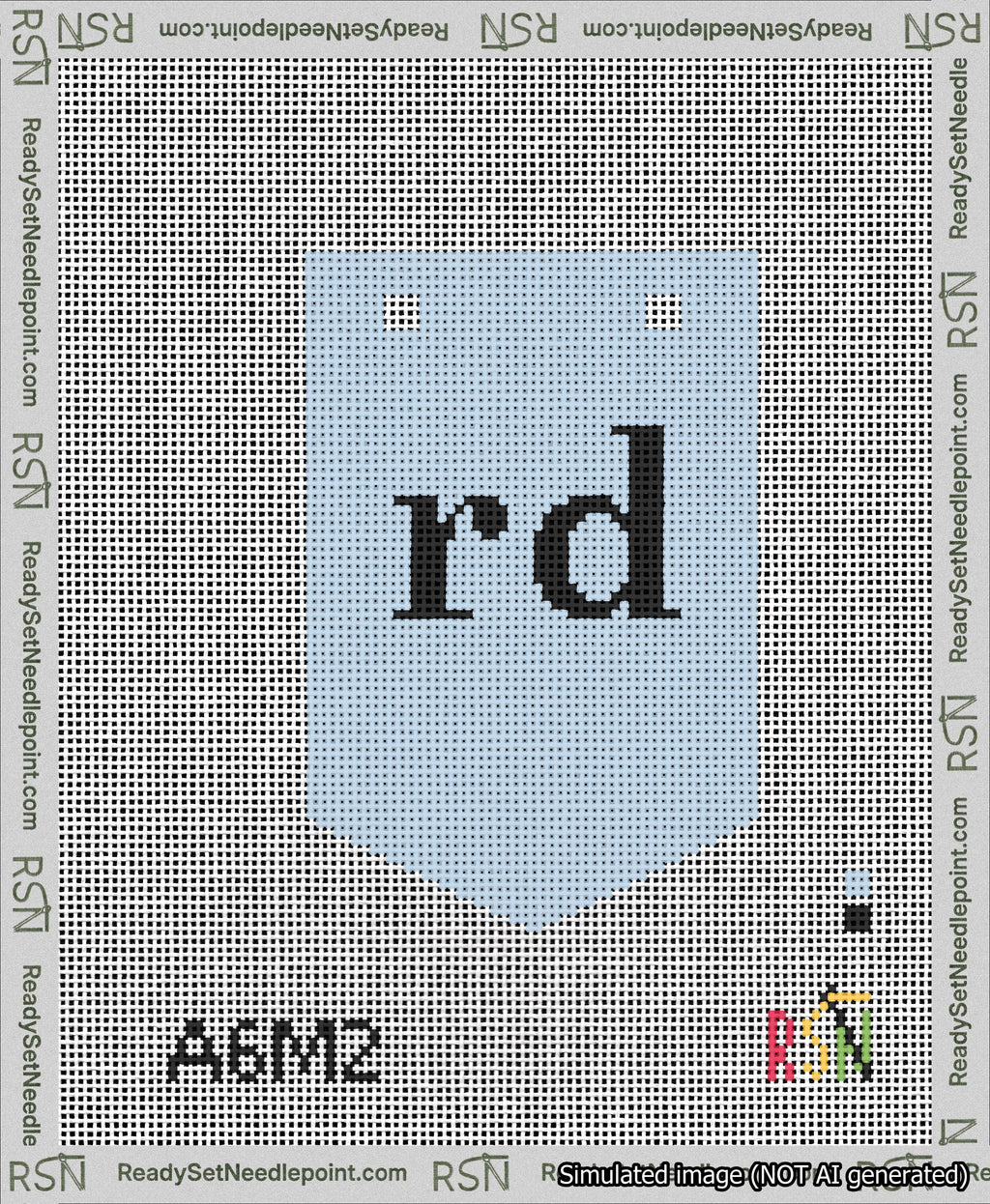 A taped needlepoint canvas with the design: Banner 13 mesh count Pointed rd Black on Light Blue.