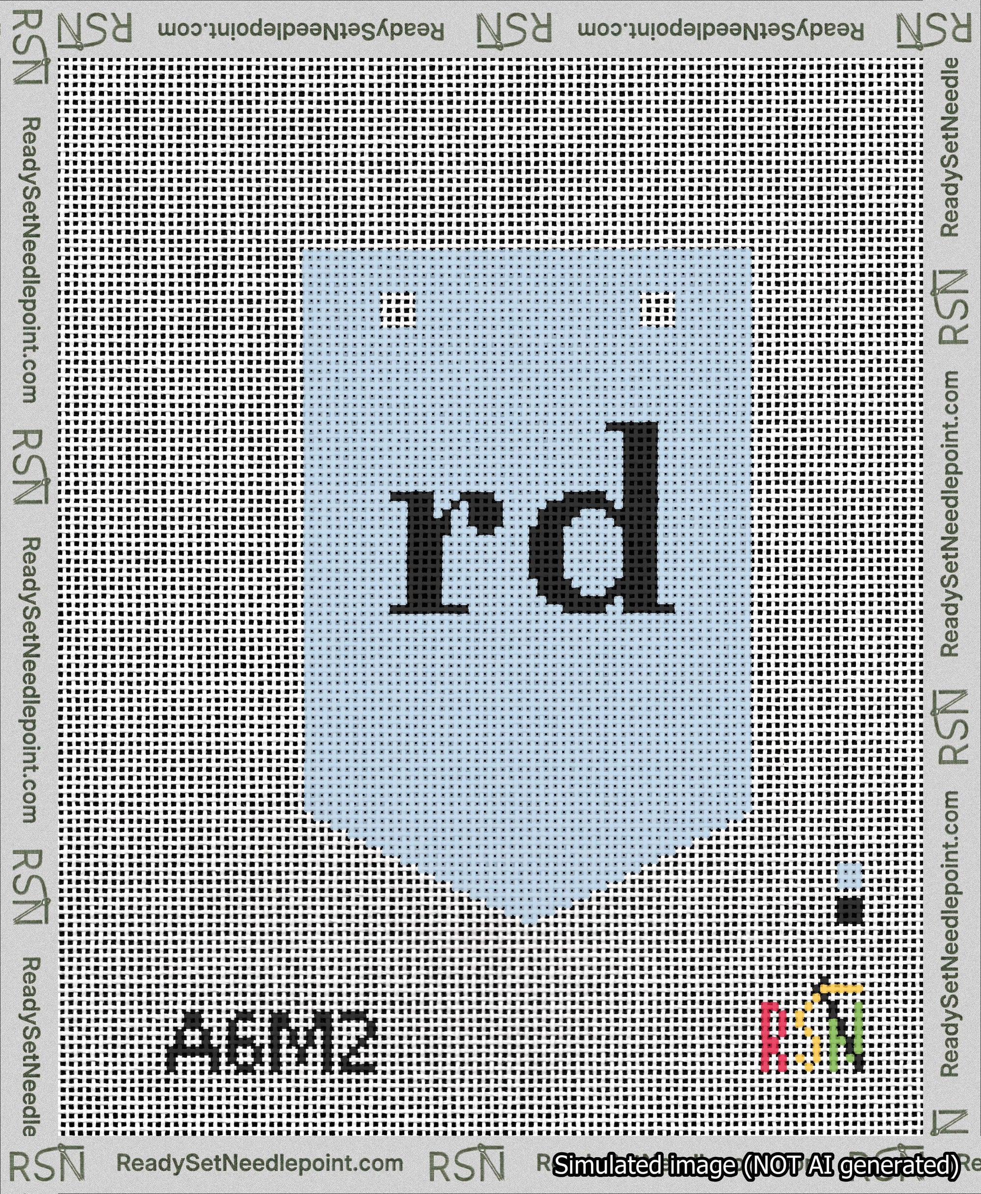 A taped needlepoint canvas with the design: Banner 13 mesh count Pointed rd Black on Light Blue.