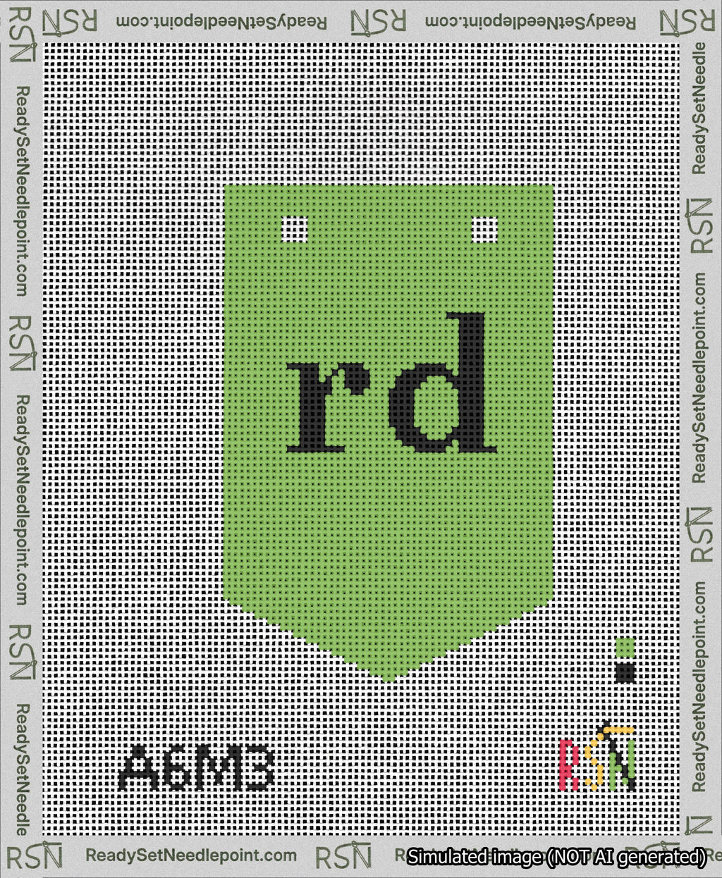 A taped needlepoint canvas with the design: Banner 13 mesh count Pointed rd Black on Light Green.