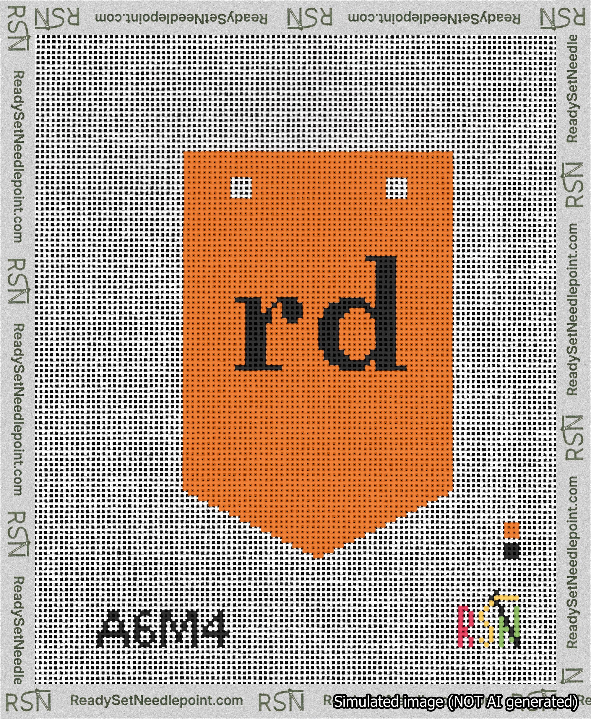 A taped needlepoint canvas with the design: Banner 13 mesh count Pointed rd Black on Orange.