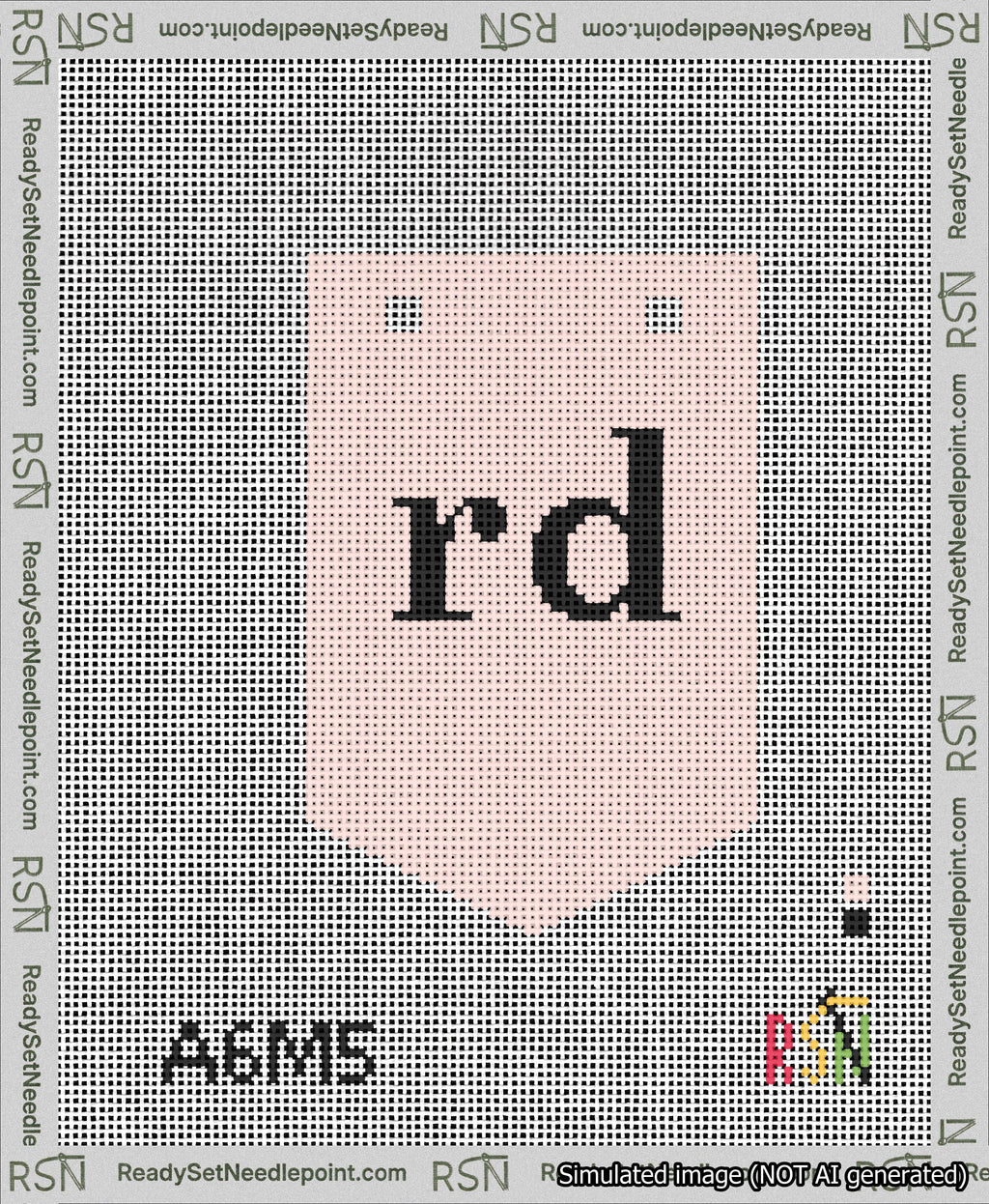 A taped needlepoint canvas with the design: Banner 13 mesh count Pointed rd Black on Pink.