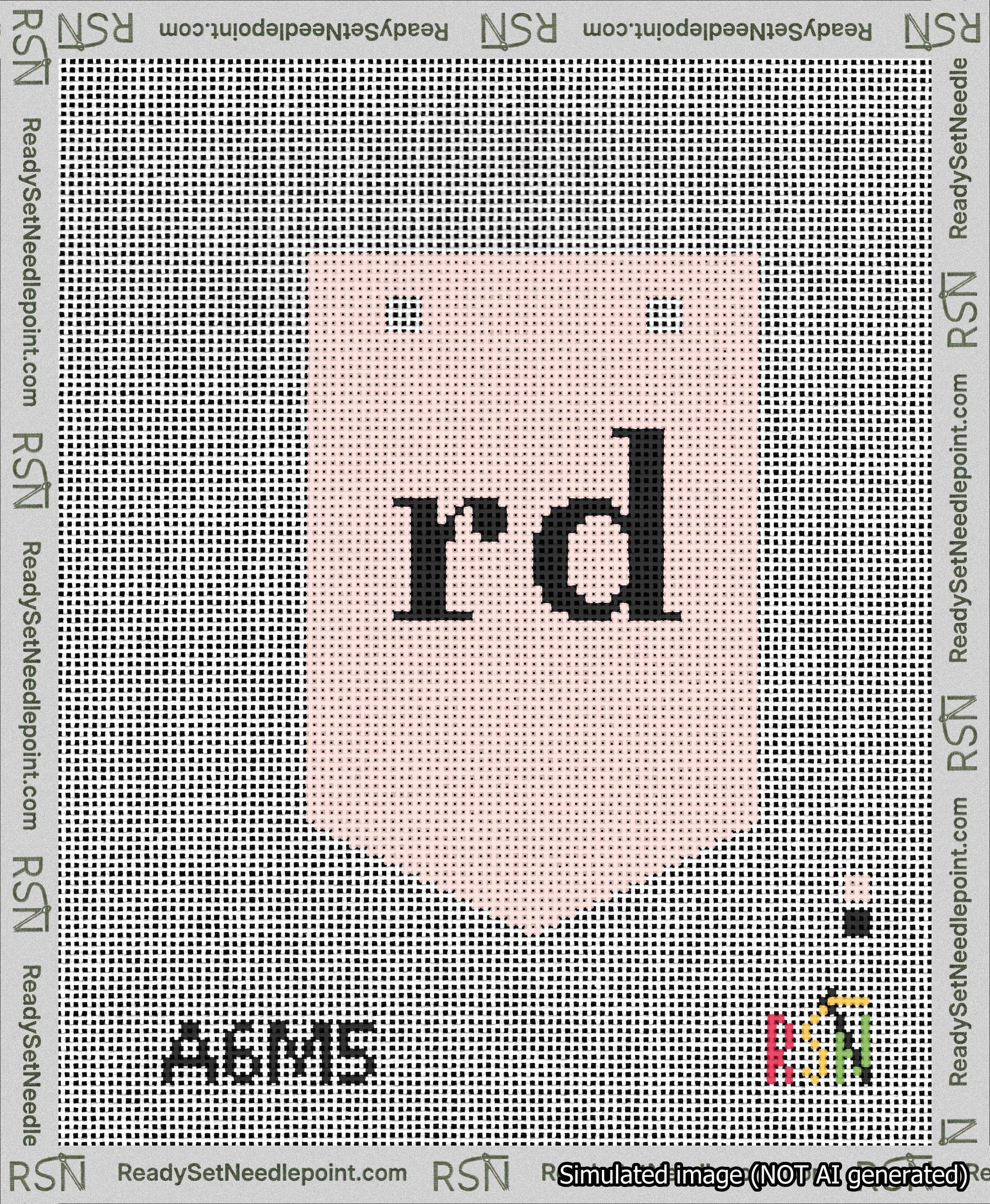 A taped needlepoint canvas with the design: Banner 13 mesh count Pointed rd Black on Pink.