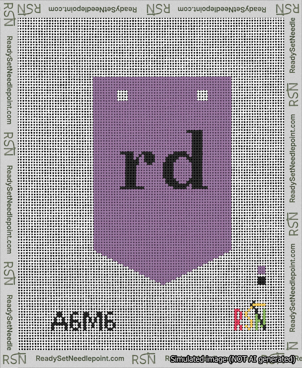 A taped needlepoint canvas with the design: Banner 13 mesh count Pointed rd Black on Purple.
