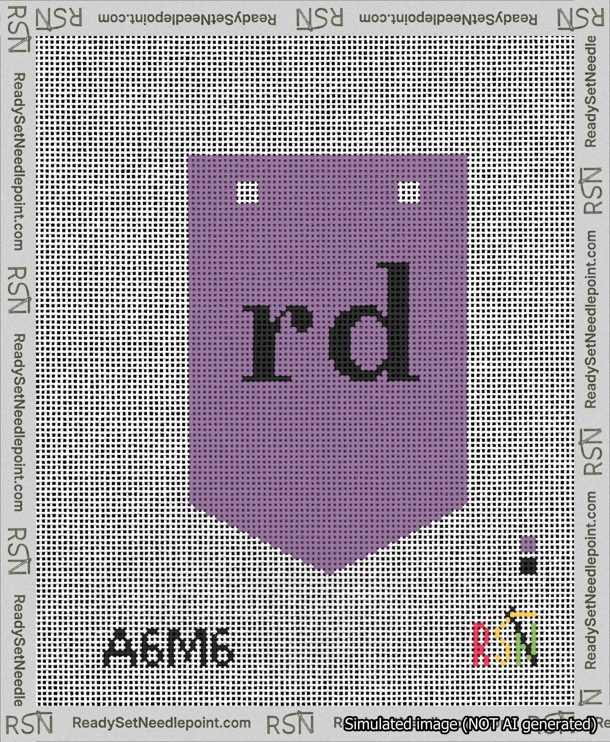 A taped needlepoint canvas with the design: Banner 13 mesh count Pointed rd Black on Purple.