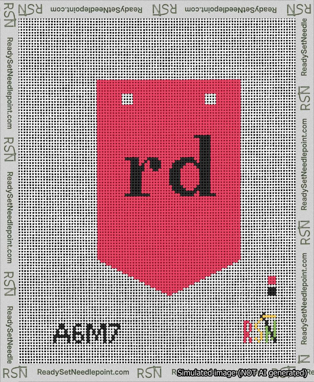 A taped needlepoint canvas with the design: Banner 13 mesh count Pointed rd Black on Red.