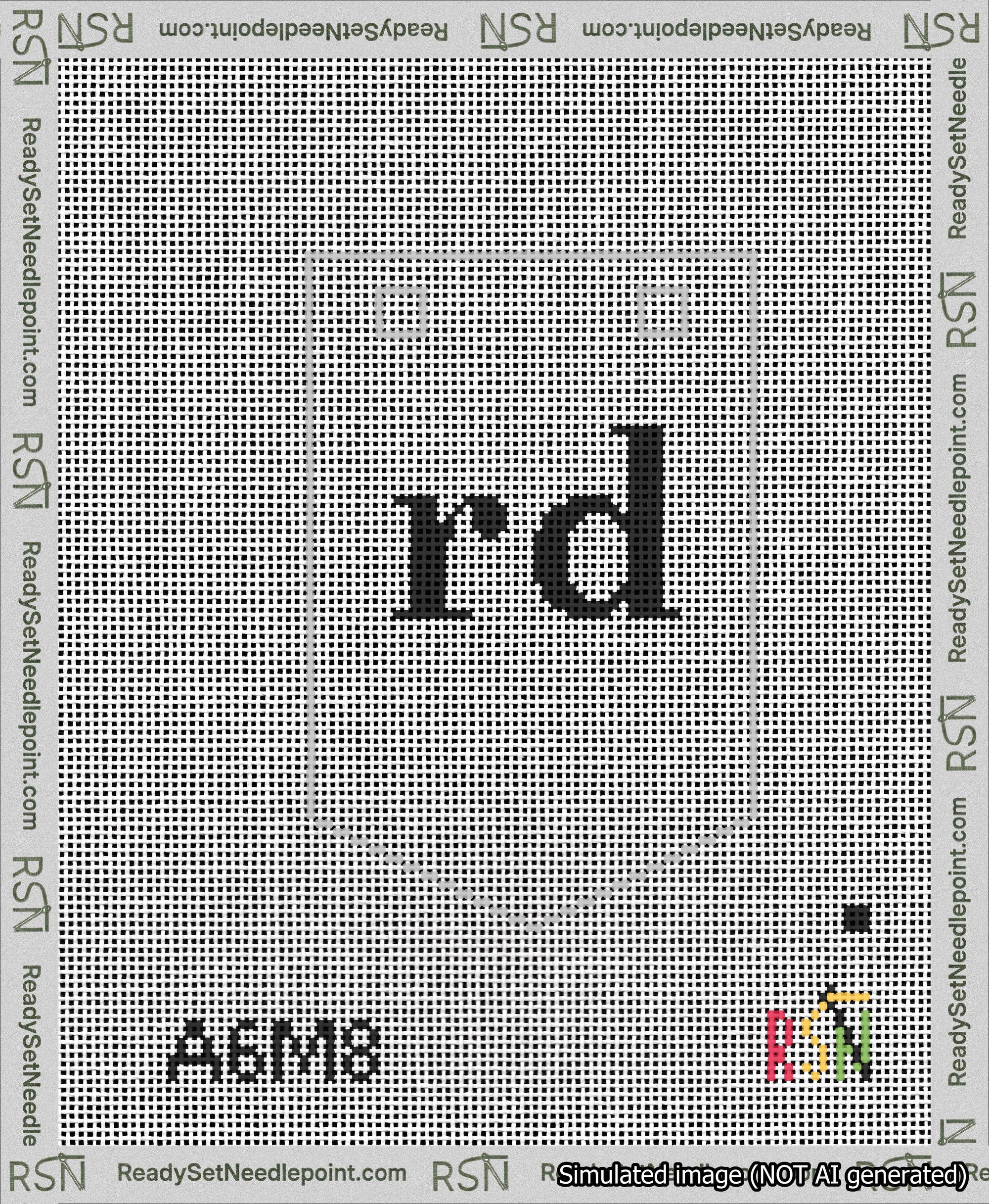 A taped needlepoint canvas with the design: Banner 13 mesh count Pointed rd Black on White.