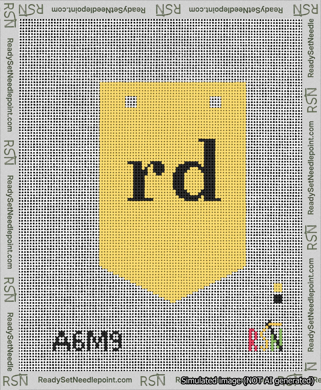 A taped needlepoint canvas with the design: Banner 13 mesh count Pointed rd Black on Yellow.