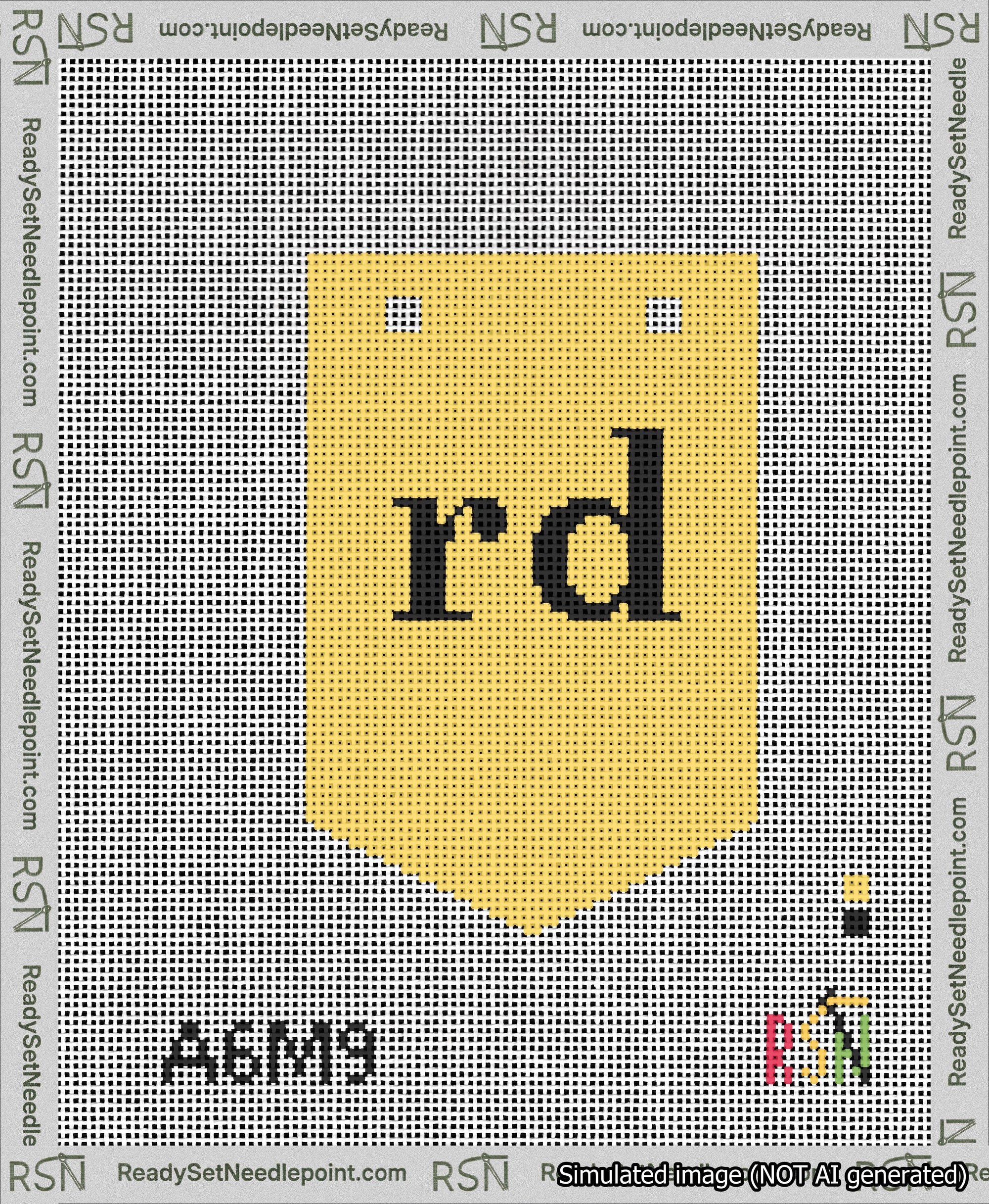 A taped needlepoint canvas with the design: Banner 13 mesh count Pointed rd Black on Yellow.