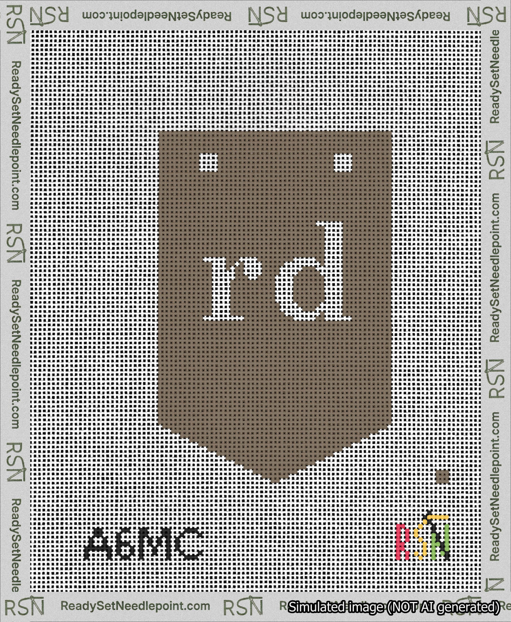 A taped needlepoint canvas with the design: Banner 13 mesh count Pointed rd White on Brown.