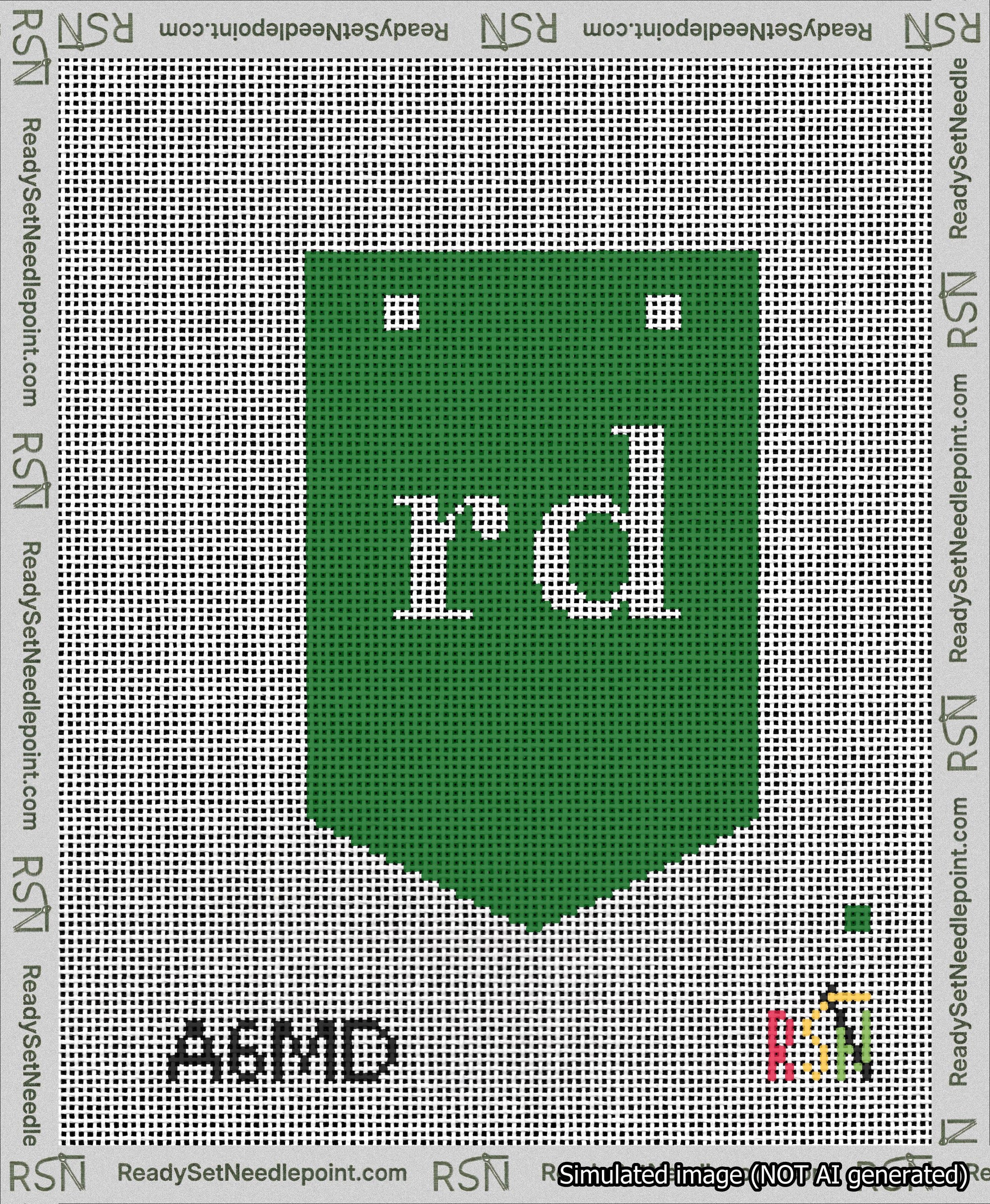 A taped needlepoint canvas with the design: Banner 13 mesh count Pointed rd White on Green.