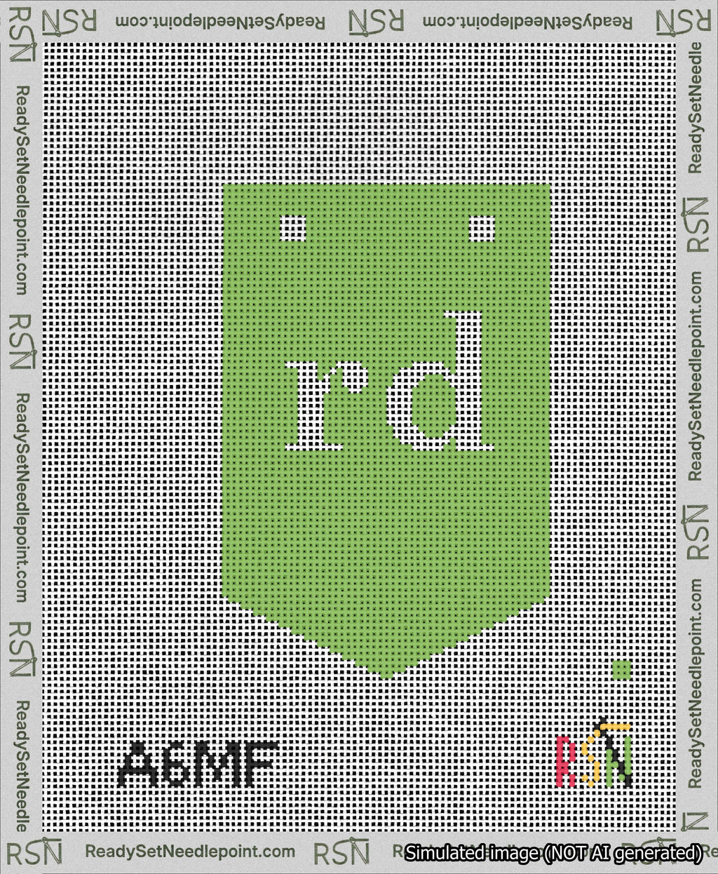 A taped needlepoint canvas with the design: Banner 13 mesh count Pointed rd White on Light Green.