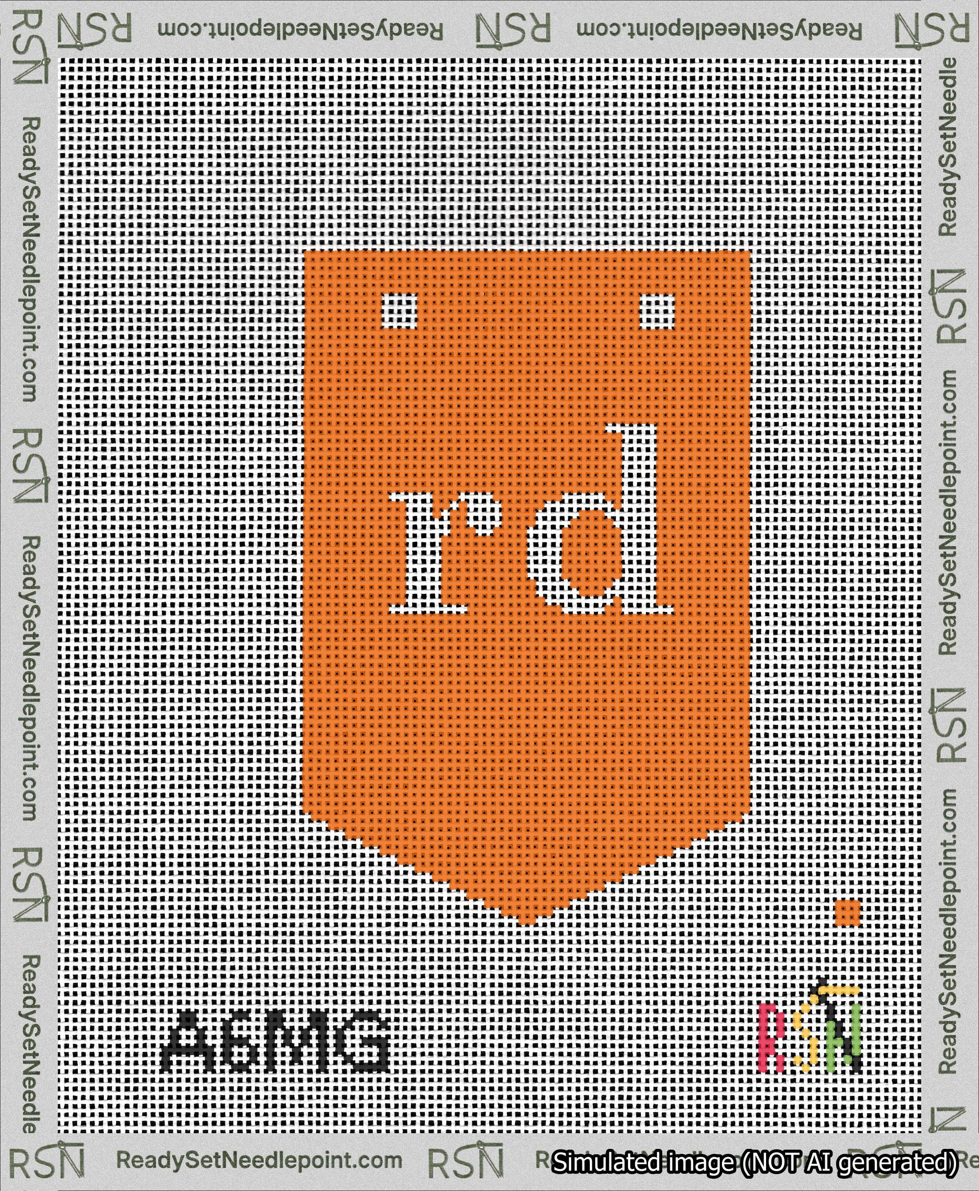 A taped needlepoint canvas with the design: Banner 13 mesh count Pointed rd White on Orange.
