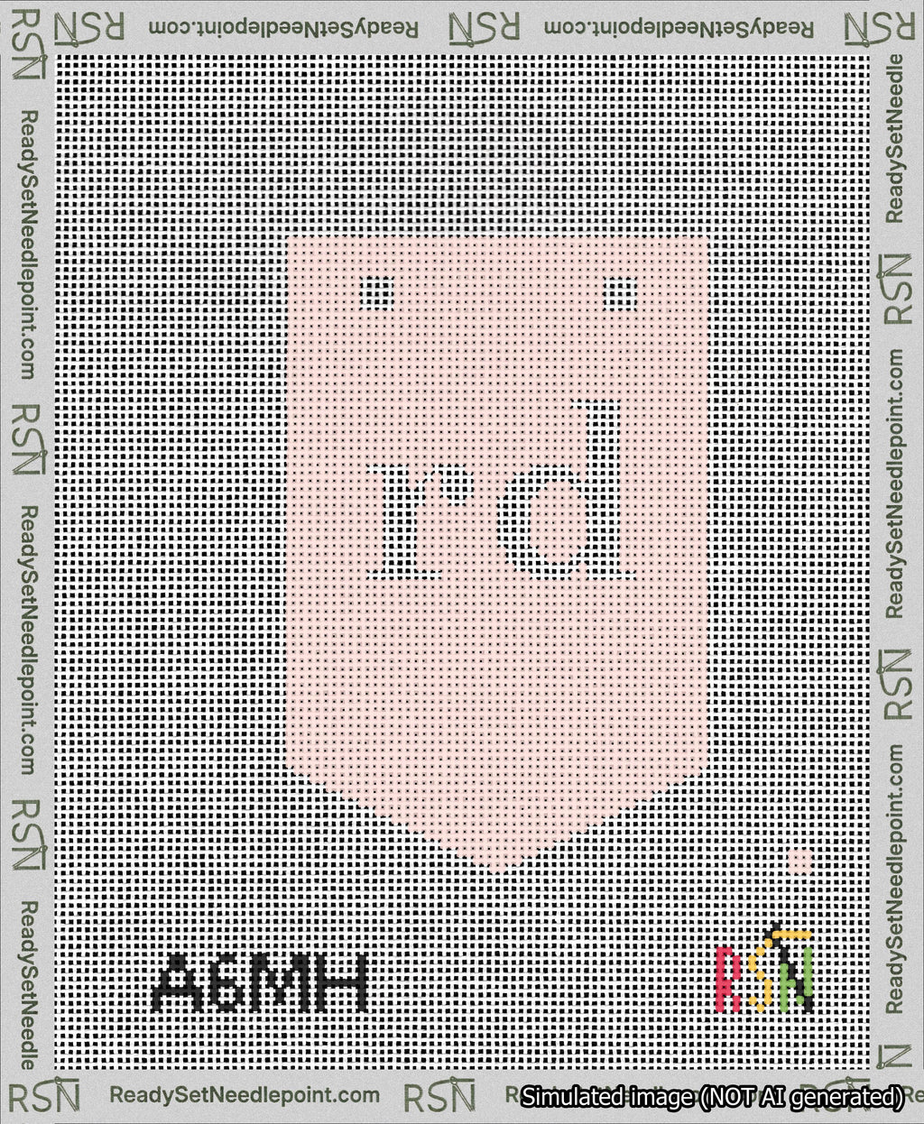 A taped needlepoint canvas with the design: Banner 13 mesh count Pointed rd White on Pink.