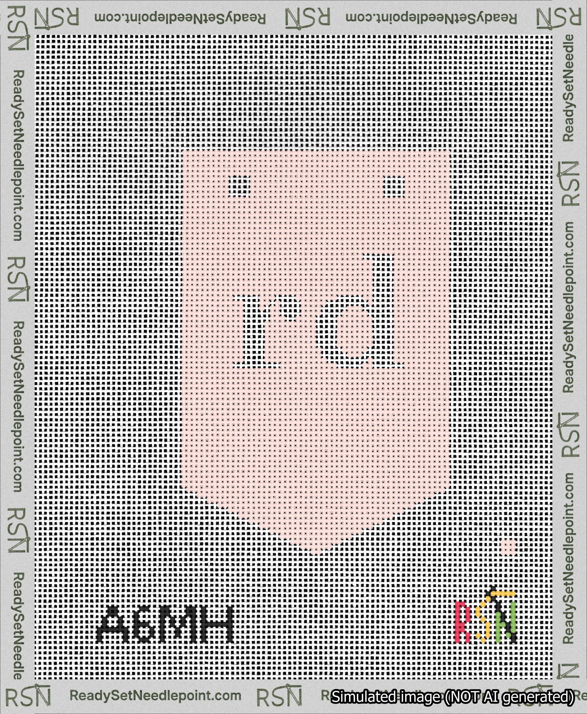 A taped needlepoint canvas with the design: Banner 13 mesh count Pointed rd White on Pink.