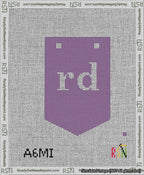A taped needlepoint canvas with the design: Banner 13 mesh count Pointed rd White on Purple.