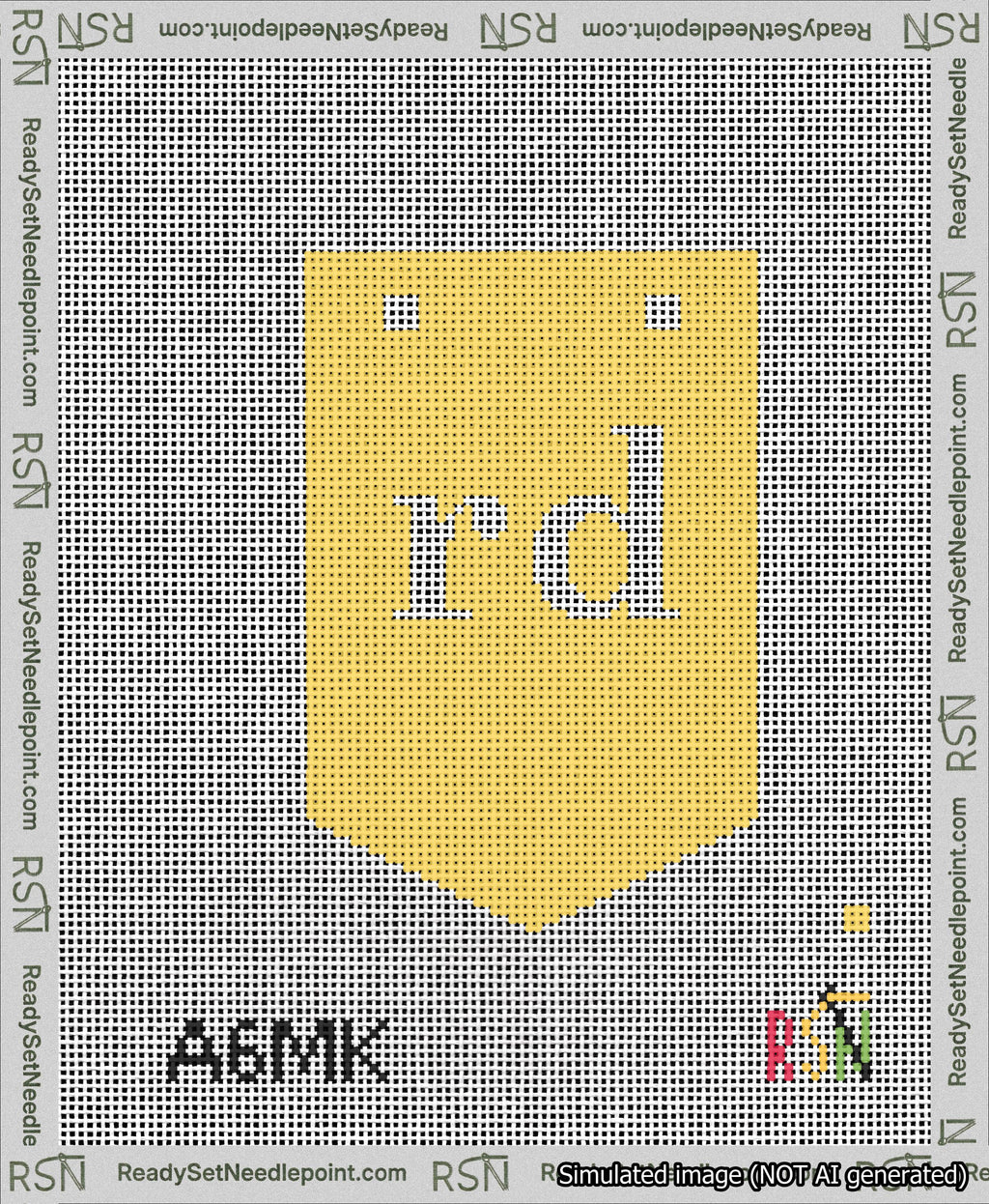 A taped needlepoint canvas with the design: Banner 13 mesh count Pointed rd White on Yellow.