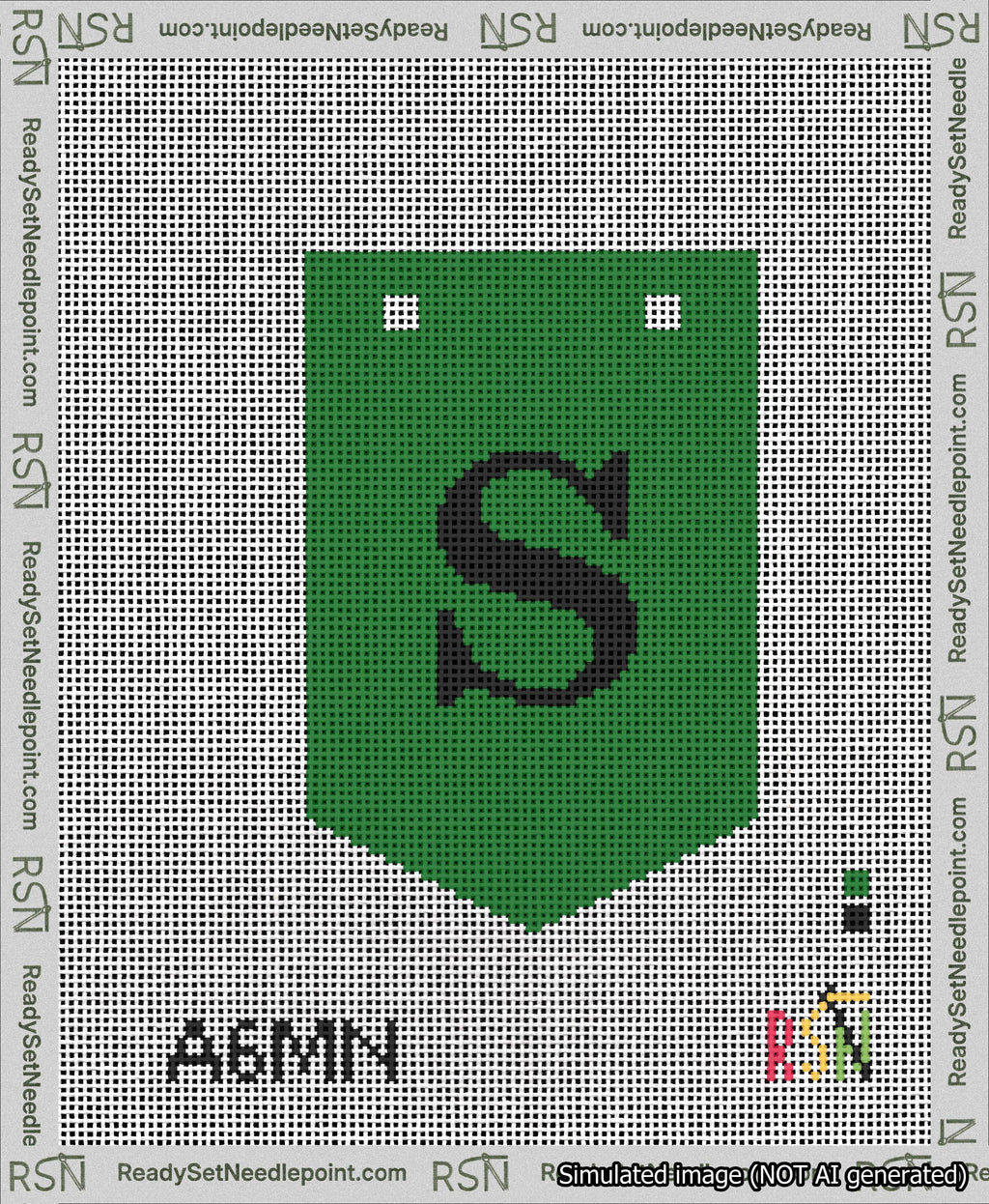 A taped needlepoint canvas with the design: Banner 13 mesh count Pointed S Black on Green.
