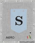A taped needlepoint canvas with the design: Banner 13 mesh count Pointed S Black on Light Blue.