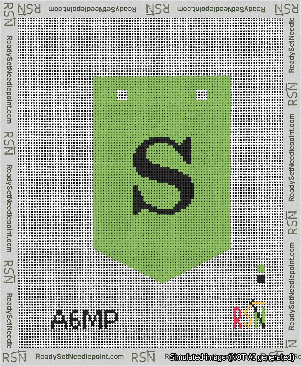 A taped needlepoint canvas with the design: Banner 13 mesh count Pointed S Black on Light Green.