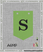 A taped needlepoint canvas with the design: Banner 13 mesh count Pointed S Black on Light Green.